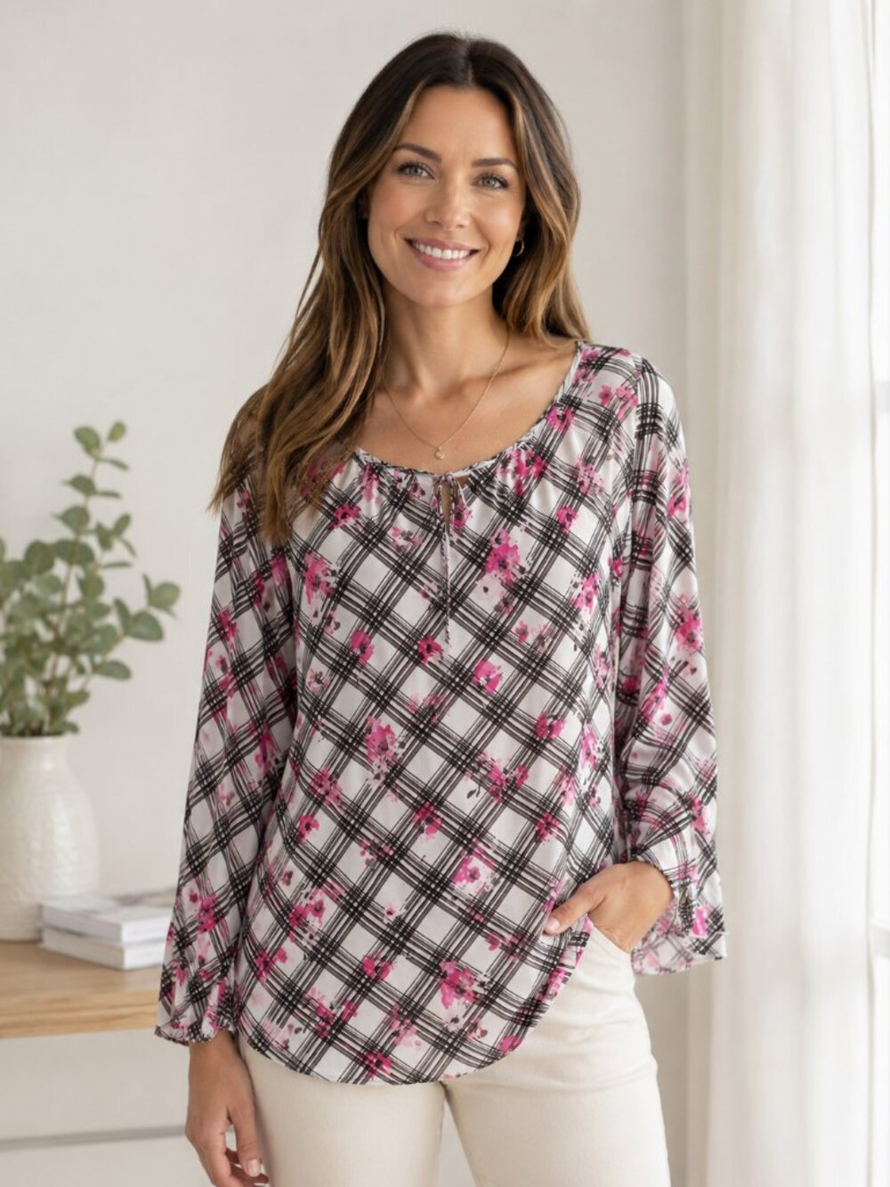 Lane Bryant 14/16 Plus Size Pink Floral Plaid Bell Sleeve Stretch Blouse